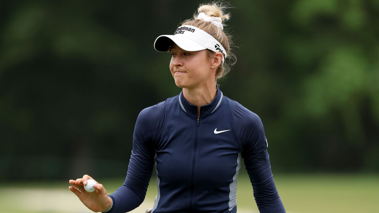 THE WOODLANDS, TEXAS - APRIL 20: Nelly Korda of the United States reacts on the fifth green during the third round of The Chevron Championship at The Club at Carlton Woods on April 20, 2024 in The Woodlands, Texas.