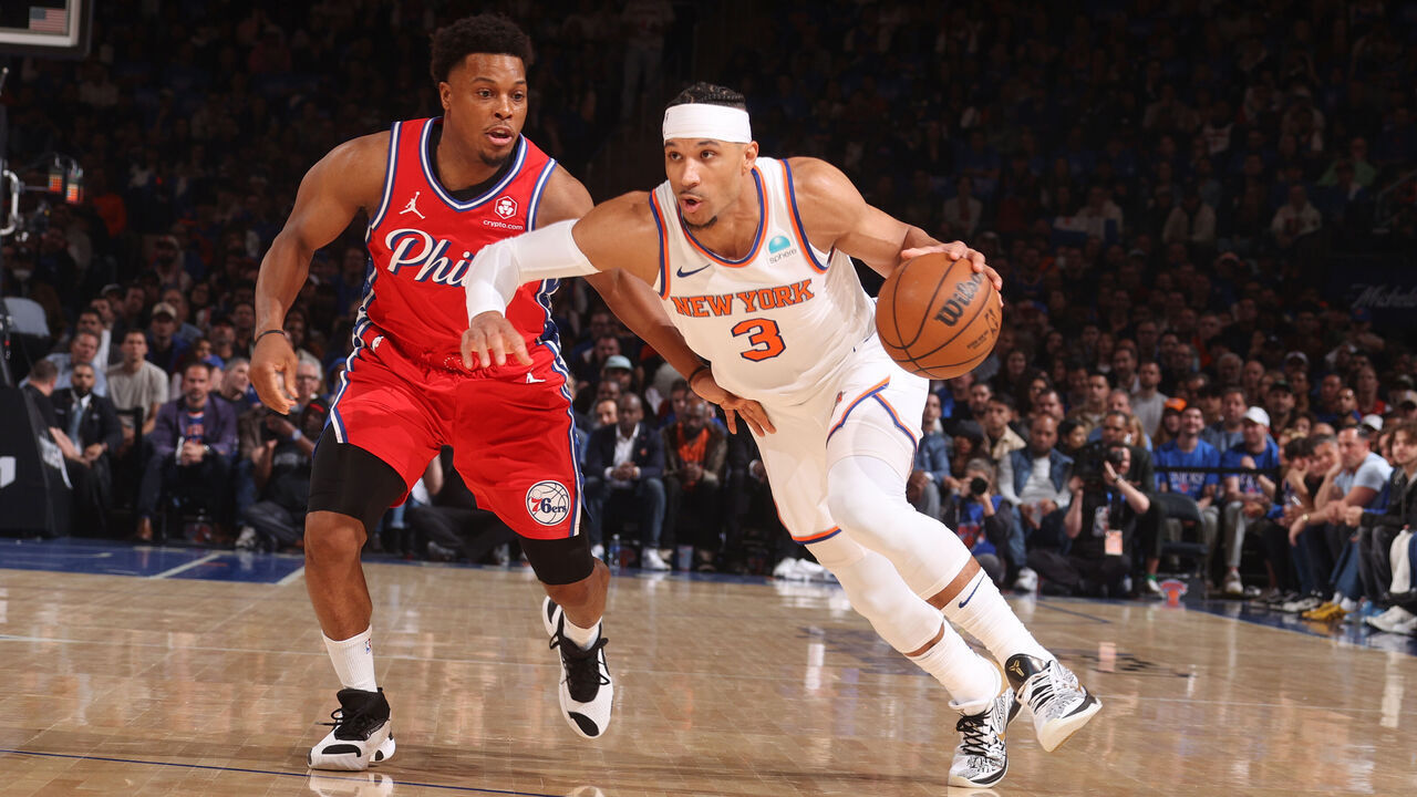 NEW YORK, NY - APRIL 20: Josh Hart #3 of the New York Knicks goes to the basket during the game against the Philadelphia 76ers during Round 1 Game 1 of the 2024 NBA Playoffs on April 20, 2024 at Madison Square Garden in New York City, New York. Mandatory Copyright Notice: Copyright 2024 NBAE