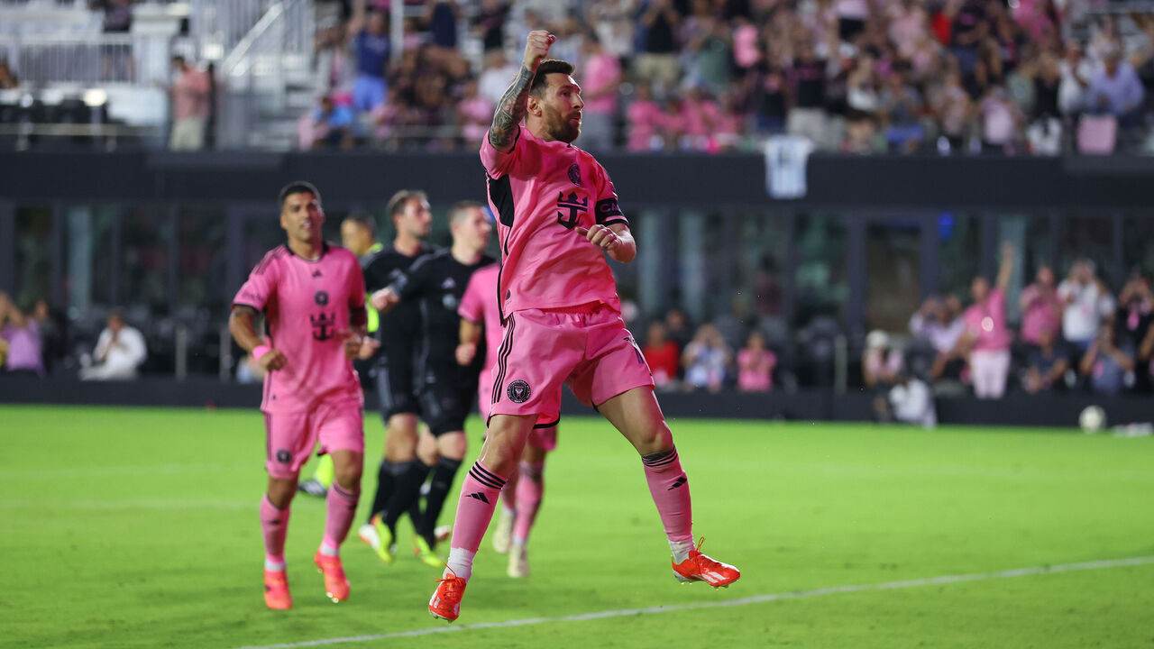 FORT LAUDERDALE, FLORIDA - APRIL 20: Lionel Messi #10 of Inter Miami celebrates after a goal during the second half against the Nashville SC at DRV PNK Stadium on April 20, 2024 in Fort Lauderdale, Florida.
