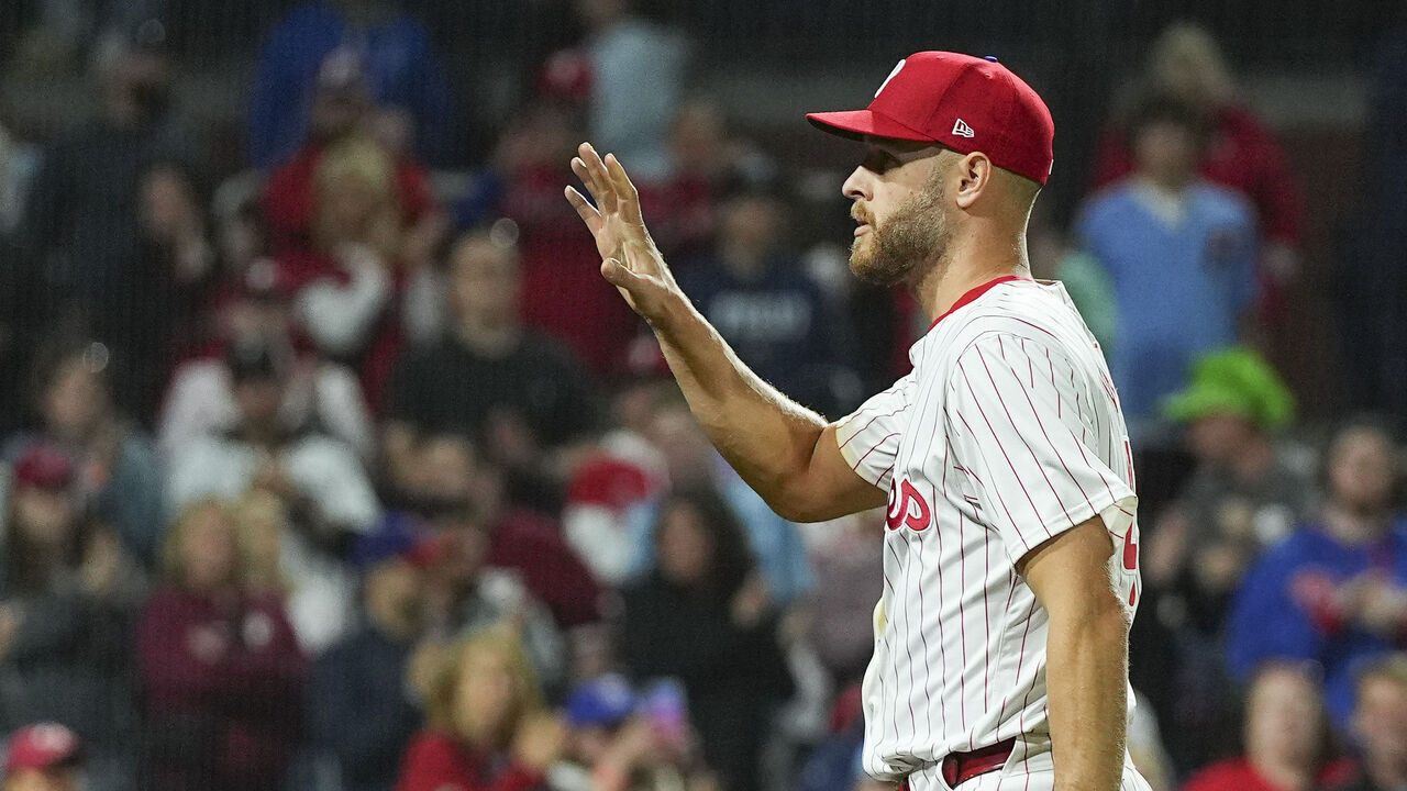 PHILADELPHIA, PENNSYLVANIA - APRIL 20: Zack Wheeler #45 of the Philadelphia Phillies salutes the crowd after exiting the game in the top of the eighth inning against the Chicago White Sox at Citizens Bank Park on April 20, 2024 in Philadelphia, Pennsylvania. The Phillies defeated the White Sox 9-5.