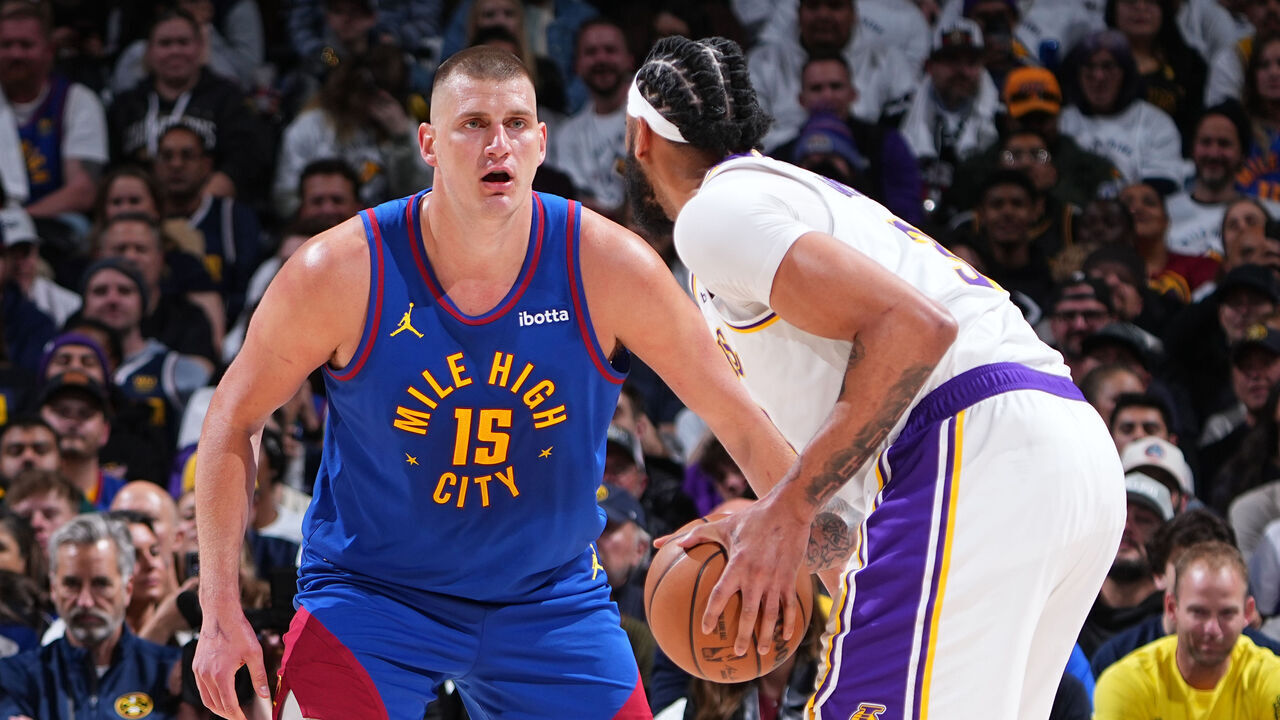 DENVER, CO - APRIL 20: Nikola Jokic #15 of the Denver Nuggets plays defense on Anthony Davis #3 of the Los Angeles Lakers during Round 1 Game 1 of the 2024 NBA Playoffs on April 20, 2024 at the Ball Arena in Denver, Colorado. NOTE TO USER: User expressly acknowledges and agrees that, by downloading and/or using this Photograph, user is consenting to the terms and conditions of the Getty Images License Agreement. Mandatory Copyright Notice: Copyright 2024 NBAE