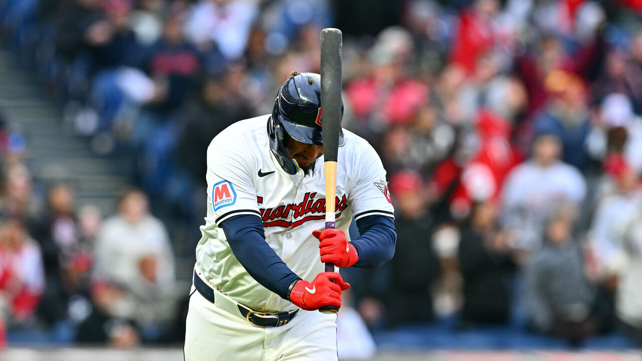 CLEVELAND, OHIO - APRIL 20: Josh Naylor #22 of the Cleveland Guardians celebrates as he rounds the bases after hitting a two run homer during the fifth inning against the Oakland Athletics at Progressive Field on April 20, 2024 in Cleveland, Ohio.