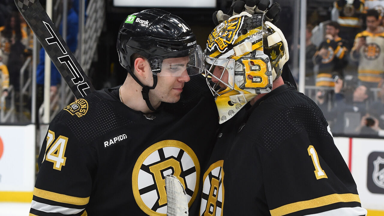 BOSTON, MASSACHUSETTS - APRIL 20: Jake DeBrusk #74 and Jeremy Swayman #1 of the Boston Bruins celebrate the win against the Toronto Maple Leafs in Game One of the First Round of the 2024 Stanley Cup Playoffs at the TD Garden on April 20, 2024 in Boston, Massachusetts.
