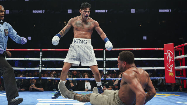 NEW YORK, NEW YORK - APRIL 20: Ryan Garcia reacts after knocking down Devin Haney during a fight at Barclays Center on April 20, 2024 in New York City.
