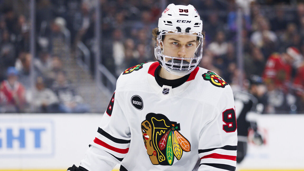 LOS ANGELES, CA - APRIL 18: Chicago Blackhawks center Connor Bedard (98) during an NHL hockey game against the Los Angeles Kings on April 18, 2024 at Crypto.com Arena in Los Angeles, CA.
