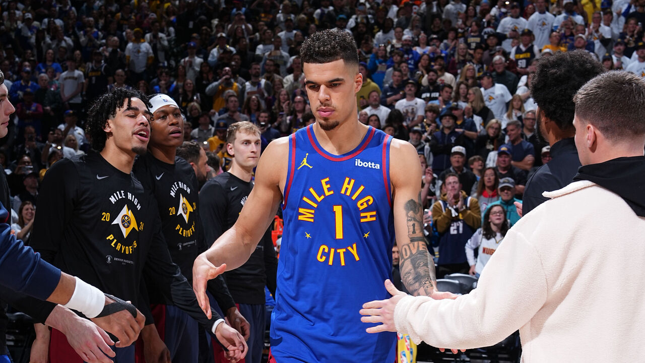 DENVER, CO - APRIL 20: Michael Porter Jr. #1 of the Denver Nuggets is introduced before the game against the Los Angeles Lakers during Round 1 Game 1 of the 2024 NBA Playoffs on April 20, 2024 at the Ball Arena in Denver, Colorado. NOTE TO USER: User expressly acknowledges and agrees that, by downloading and/or using this Photograph, user is consenting to the terms and conditions of the Getty Images License Agreement. Mandatory Copyright Notice: Copyright 2024 NBAE