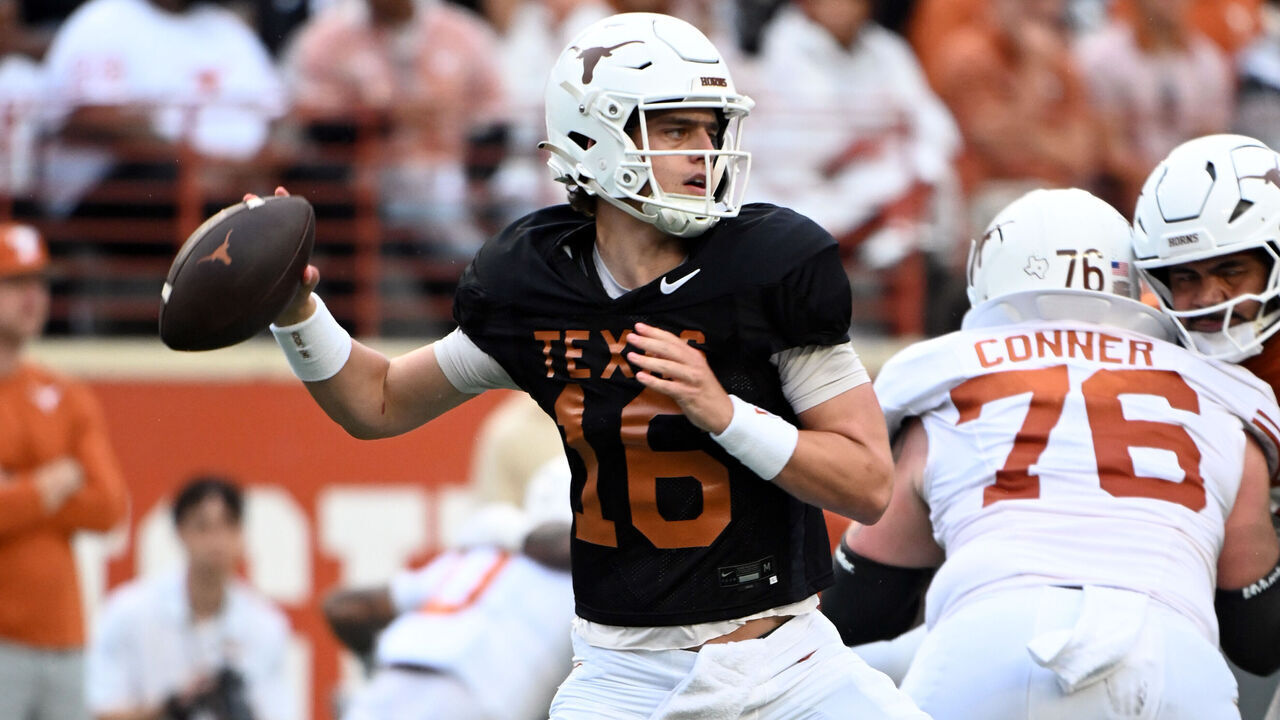 AUSTIN, TX - APRIL 20: Texas Longhorns QB Arch Manning throws a pass during the Orange-White spring game on April 20, 2024, at Darrell K Royal-Texas Memorial Stadium in Austin, TX.