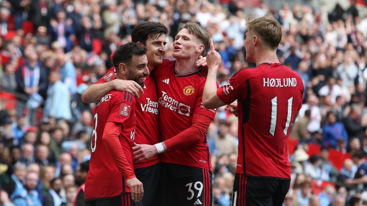 LONDON, ENGLAND - APRIL 21: Harry Maguire of Manchester United goal celebration with Scott McTominay, Bruno Fernandes & Rasmus Hojlund of Manchester United after scoring to make the score 2-0 during the Emirates FA Cup Semi Final match between Coventry City and Manchester United at Wembley Stadium on April 21, 2024 in London, England.
