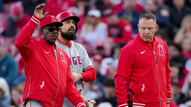 CINCINNATI, OHIO - APRIL 20: Anthony Rendon #6 of the Los Angeles Angels leaves the game after being injured in the first inning against the Cincinnati Reds at Great American Ball Park on April 20, 2024 in Cincinnati, Ohio.