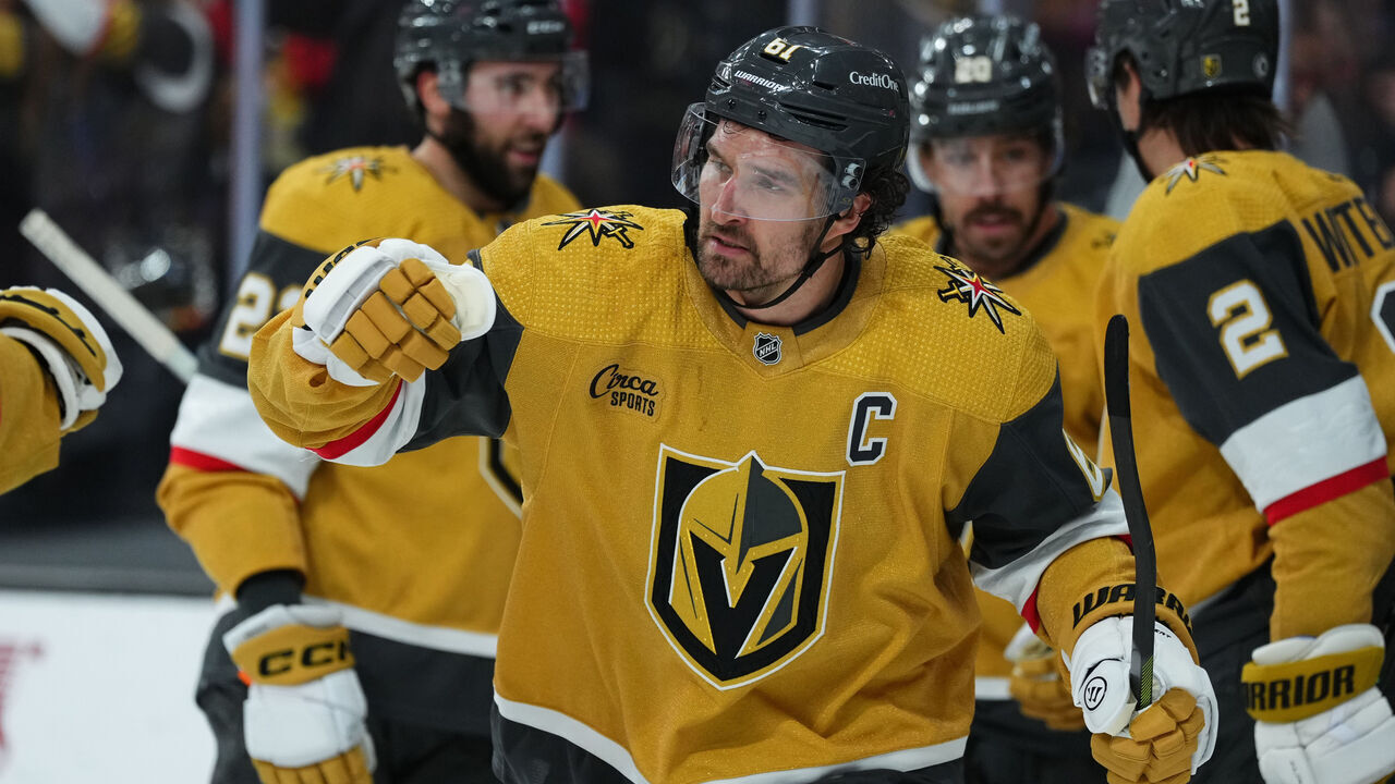 LAS VEGAS, NEVADA - FEBRUARY 12: Mark Stone #61 of the Vegas Golden Knights celebrates after a goal during the third period against the Minnesota Wild at T-Mobile Arena on February 12, 2024 in Las Vegas, Nevada.