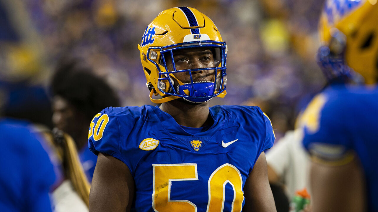 PITTSBURGH, PA - SEPTEMBER 01: Pittsburgh Panthers defensive lineman Dayon Hayes (50) looks on during the college football game between the West Virginia Mountaineers and the Pittsburgh Panthers on September 01, 2022 at Acrisure Stadium in Pittsburgh, PA.