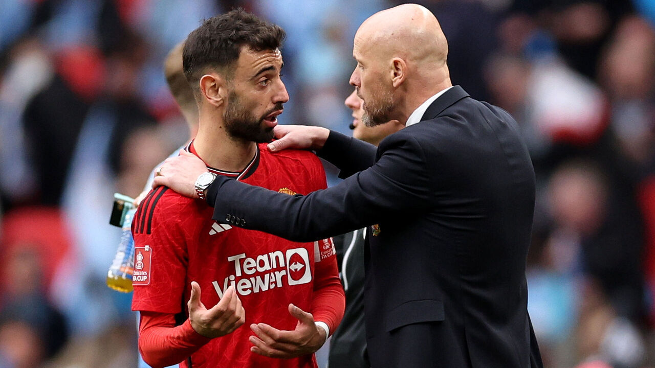 LONDON, ENGLAND - APRIL 21: Erik ten Hag speaks to Bruno Fernandes of Manchester United during the Emirates FA Cup Semi Final match between Coventry City and Manchester United at Wembley Stadium on April 21, 2024 in London, England.