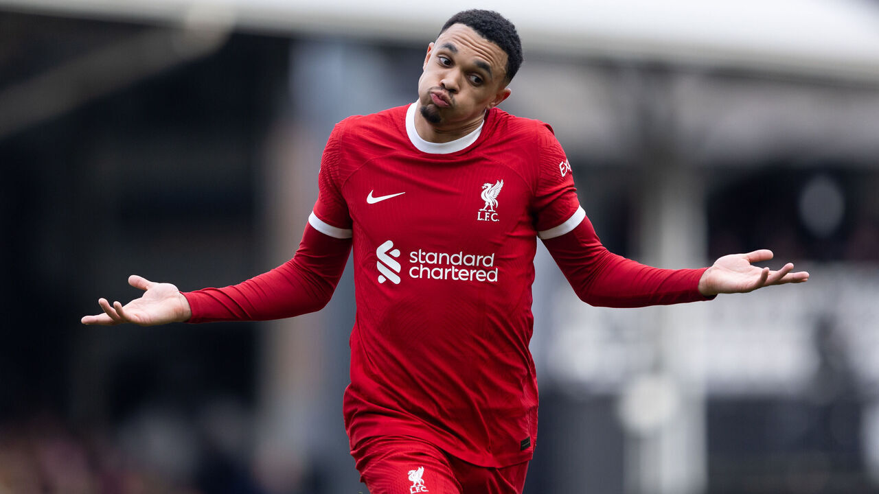 LONDON, ENGLAND - APRIL 21: Trent Alexander-Arnold of Liverpool celebrates after scoring his side's first goal during the Premier League match between Fulham FC and Liverpool FC at Craven Cottage on April 21, 2024 in London, England.