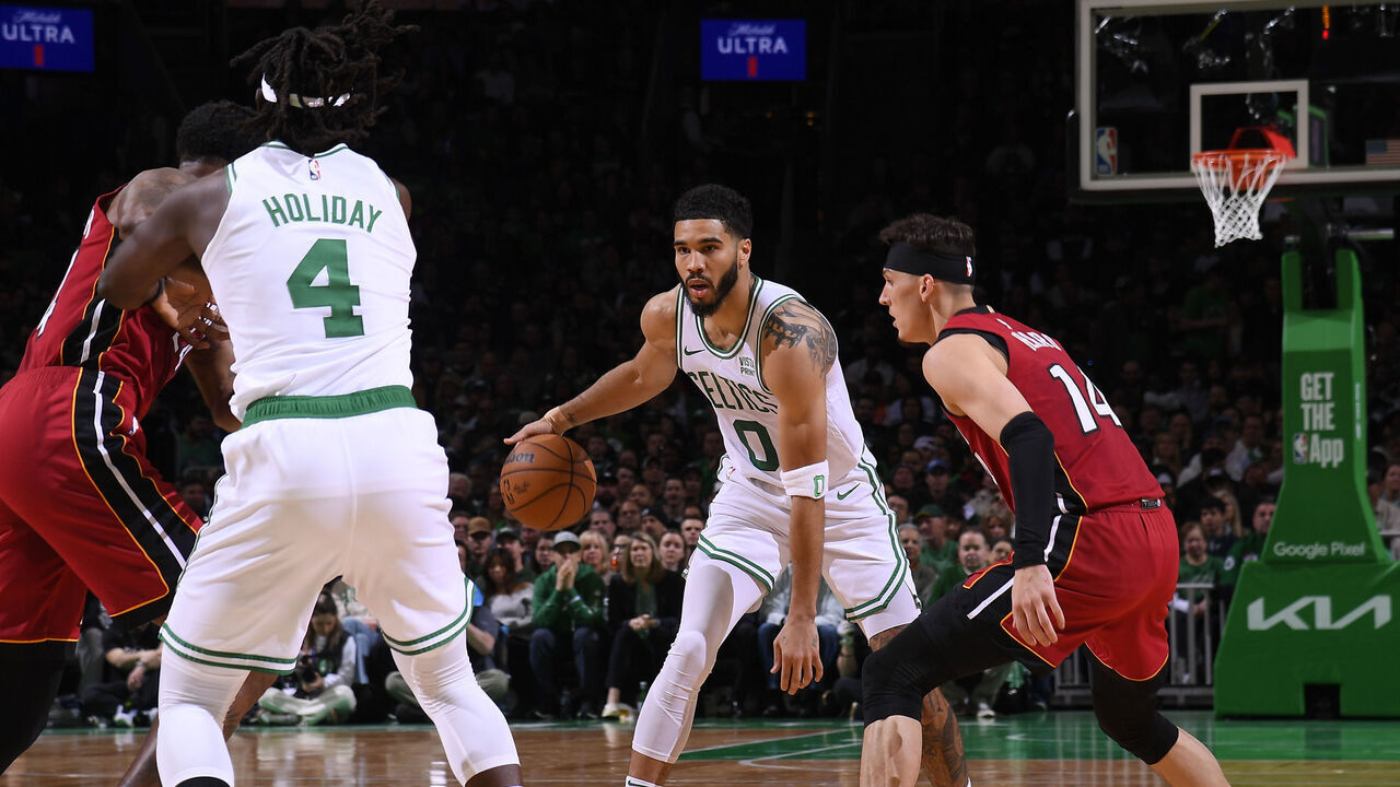 BOSTON, MA - APRIL 21: Jayson Tatum #0 of the Boston Celtics dribbles the ball during the game against the Miami Heat during Round 1 Game 1 of the 2024 NBA Playoffs on April 21, 2024 at the TD Garden in Boston, Massachusetts. Mandatory Copyright Notice: Copyright 2024 NBAE