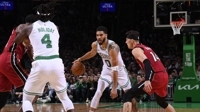 BOSTON, MA - APRIL 21: Jayson Tatum #0 of the Boston Celtics dribbles the ball during the game against the Miami Heat during Round 1 Game 1 of the 2024 NBA Playoffs on April 21, 2024 at the TD Garden in Boston, Massachusetts. Mandatory Copyright Notice: Copyright 2024 NBAE