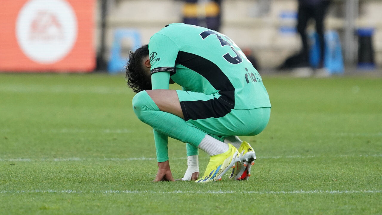 Atletico Madrid's Spanish forward #39 Abdellah Raihani reacts at the end of the Spanish league football match between Deportivo Alaves and Club Atletico de Madrid at the Mendizorroza stadium in Vitoria on April 21, 2024.