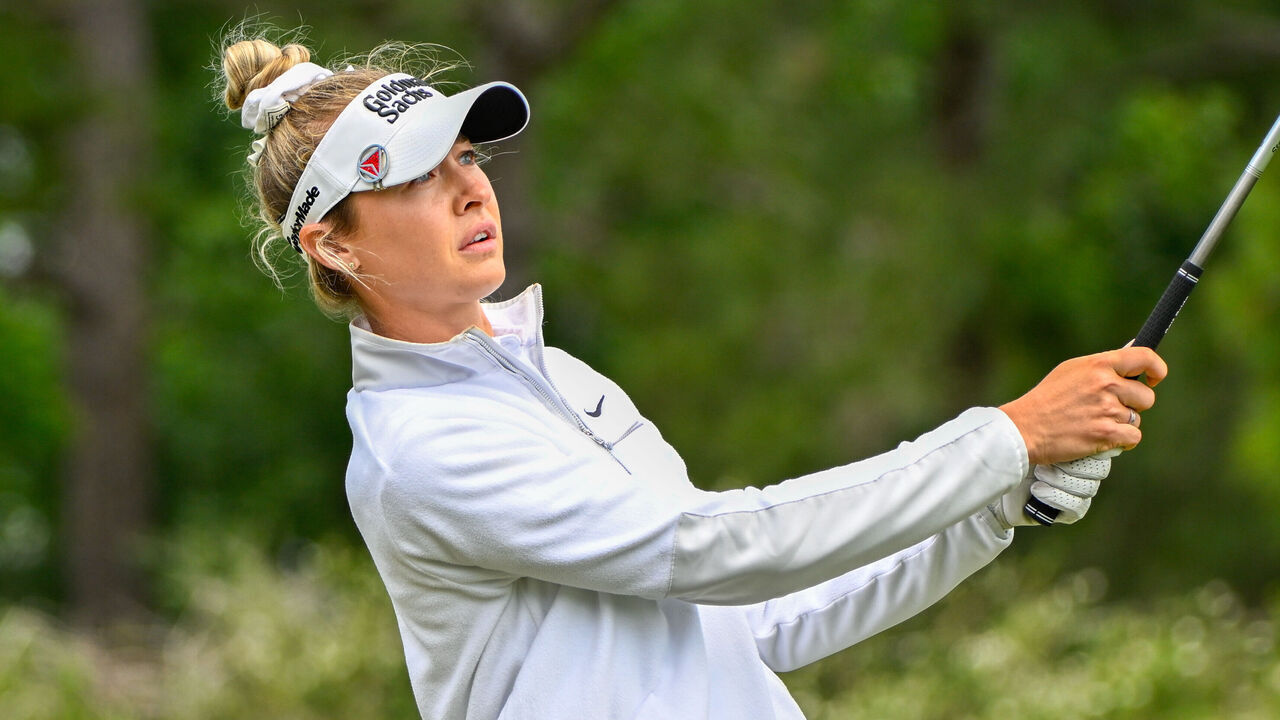 THE WOODLANDS, TX - APRIL 21: Nelly Korda (USA) watches her tee shot on 3 during the final round of the Chevron Championship at The Club at Carlton Woods on April 21, 2024 in The Woodlands, Texas.