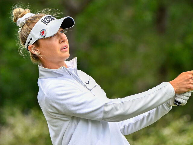 THE WOODLANDS, TX - APRIL 21: Nelly Korda (USA) watches her tee shot on 3 during the final round of the Chevron Championship at The Club at Carlton Woods on April 21, 2024 in The Woodlands, Texas.