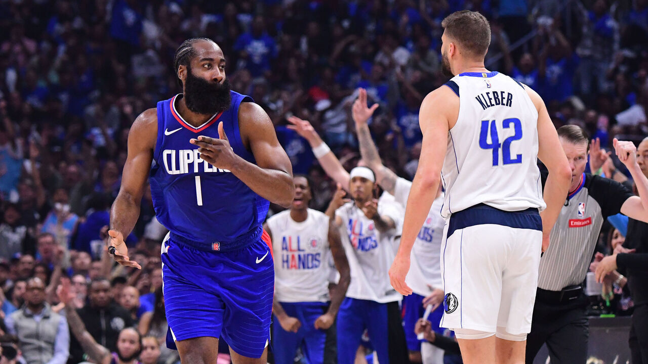 LOS ANGELES, CA - APRIL 21: James Harden #1 of the LA Clippers reacts against the Dallas Mavericks during Round 1 Game 1 of the 2024 NBA Playoffs on April 21, 2024 at Crypto.Com Arena in Los Angeles, California. NOTE TO USER: User expressly acknowledges and agrees that, by downloading and/or using this Photograph, user is consenting to the terms and conditions of the Getty Images License Agreement. Mandatory Copyright Notice: Copyright 2024 NBAE