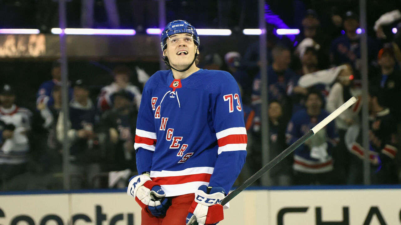 NEW YORK, NEW YORK - APRIL 21: Matt Rempe #73 of the New York Rangers looks at the scoreboard after his second period goal against the Washington Capitals in Game One of the First Round of the 2024 Stanley Cup Playoffs at Madison Square Garden on April 21, 2024 in New York City.