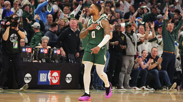MILWAUKEE, WISCONSIN - APRIL 21: Damian Lillard #0 of the Milwaukee Bucks reacts to a three point shot during the first half of game one of the Eastern Conference First Round Playoffs against the Indiana Pacers at Fiserv Forum on April 21, 2024 in Milwaukee, Wisconsin.