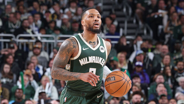 MILWAUKEE, WI - APRIL 21: Damian Lillard #0 of the Milwaukee Bucks handles the ball during the game against the Indiana Pacers during Round 1 Game 1 of the 2024 NBA Playoffs on April 21, 2024 at the Fiserv Forum Center in Milwaukee, Wisconsin. Mandatory Copyright Notice: Copyright 2024 NBAE .