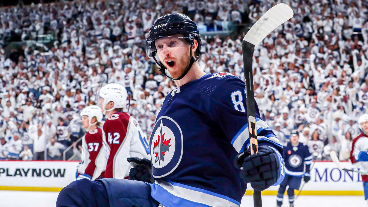 WINNIPEG, CANADA - APRIL 21: Kyle Connor #81 of the Winnipeg Jets celebrates after scoring a third period goal against the Colorado Avalanche in Game One of the First Round of the 2024 Stanley Cup Playoffs at the Canada Life Centre on April 21, 2024 in Winnipeg, Manitoba, Canada.