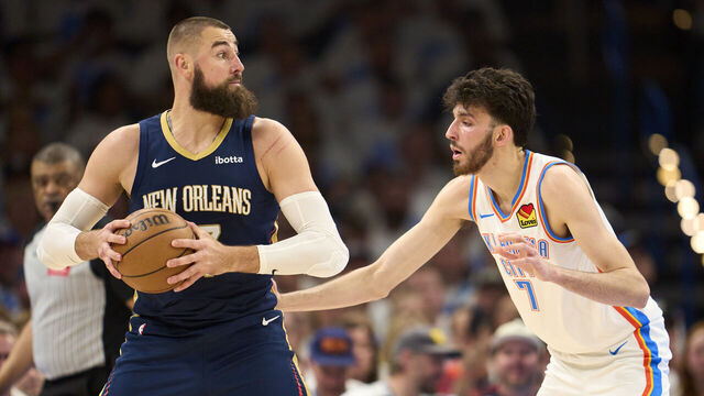 OKLAHOMA CITY, OKLAHOMA - APRIL 21: Chet Holmgren #7 of the Oklahoma City Thunder defends against Jonas Valanciunas #17 of the New Orleans Pelicans during the first half in game one of the Western Conference First Round Playoffs at the Paycom Center on April 21, 2024 in Oklahoma City, Oklahoma.