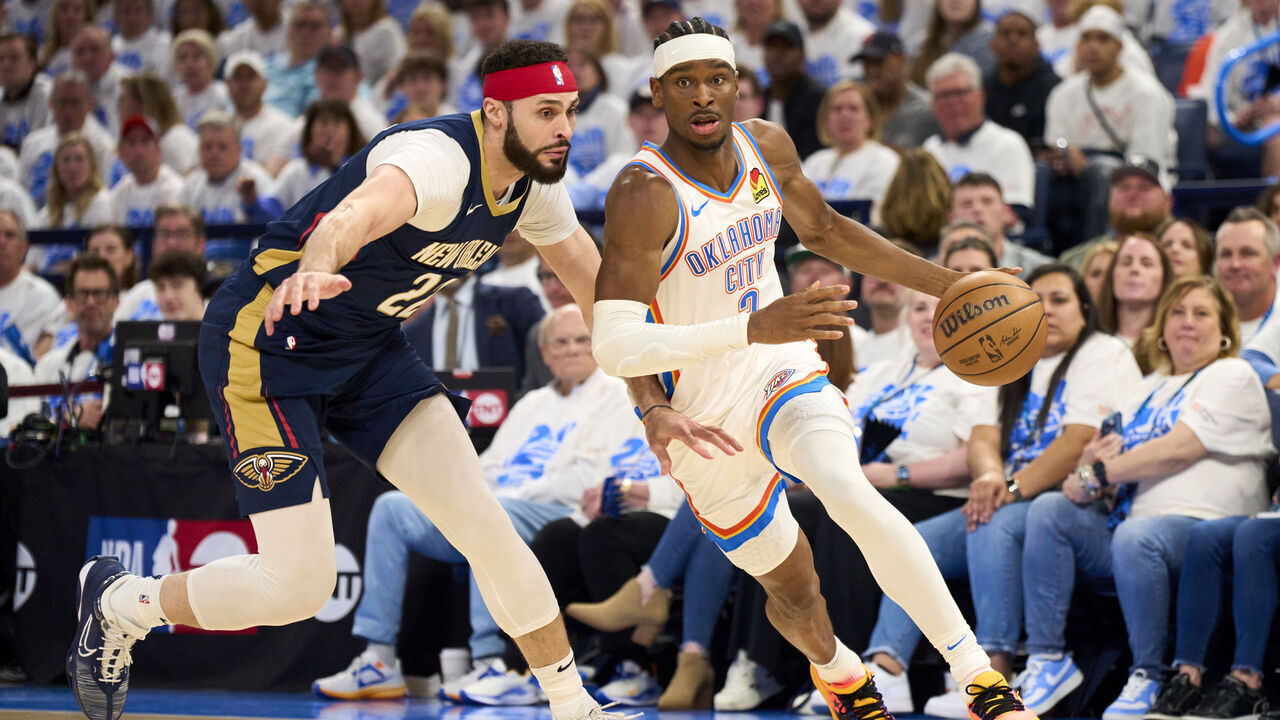 OKLAHOMA CITY, OKLAHOMA - APRIL 21: Shai Gilgeous-Alexander #2 of the Oklahoma City Thunder brings the ball up court against the New Orleans Pelicans during the first half in game one of the Western Conference First Round Playoffs at the Paycom Center on April 21, 2024 in Oklahoma City, Oklahoma.