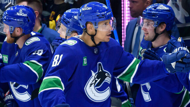 VANCOUVER, CANADA - APRIL 21: Dakota Joshua #81 of the Vancouver Canucks celebrates scoring in the third period against the Nashville Predators in Game One of the First Round of the 2024 Stanley Cup Playoffs at Rogers Arena on April 21, 2024 in Vancouver, British Columbia, Canada.