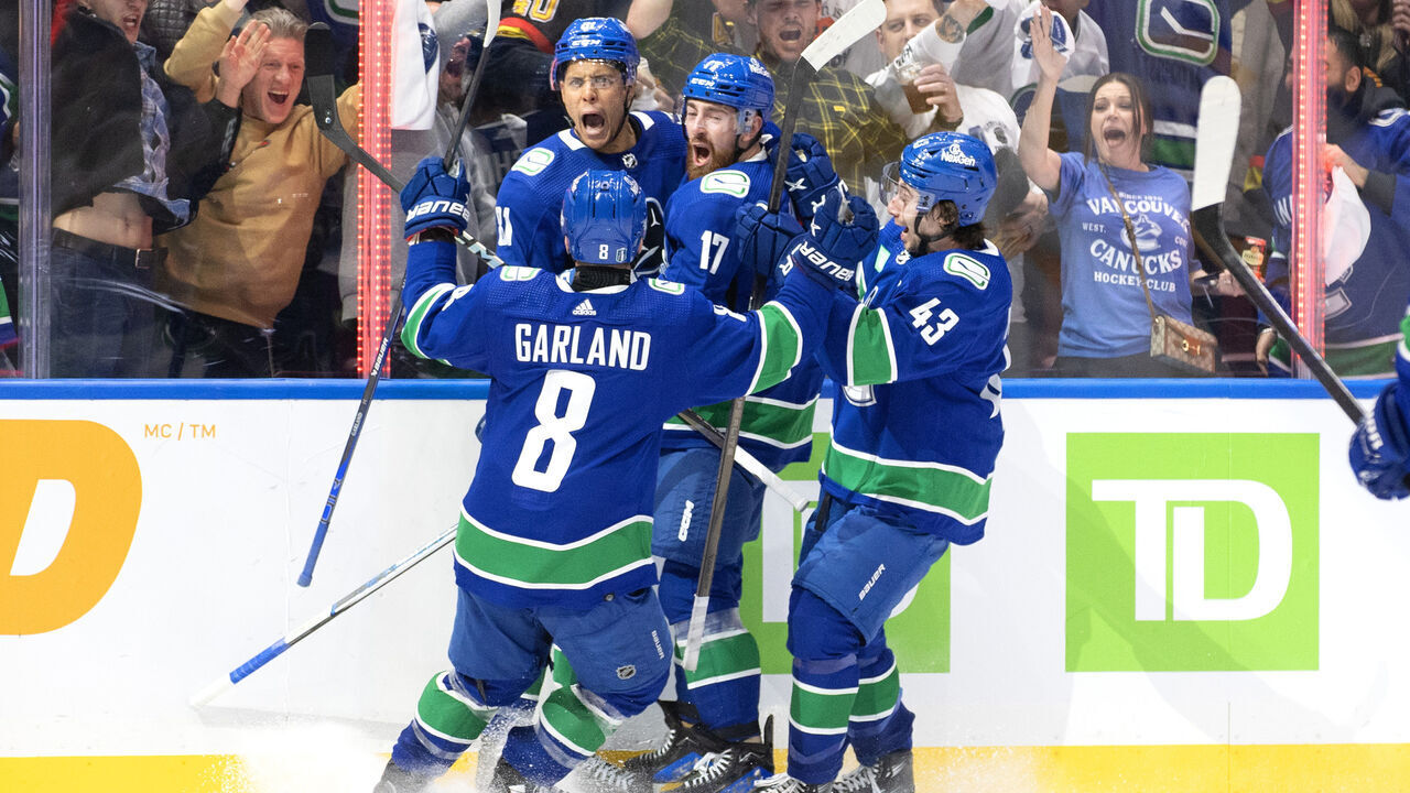 VANCOUVER, CANADA - APRIL 21: Dakota Joshua #81 of the Vancouver Canucks celebrates his goal with teammates during the third period of Game One of the First Round of the 2024 Stanley Cup Playoffs against the Nashville Predators at Rogers Arena on April 21, 2024 in Vancouver, British Columbia, Canada.