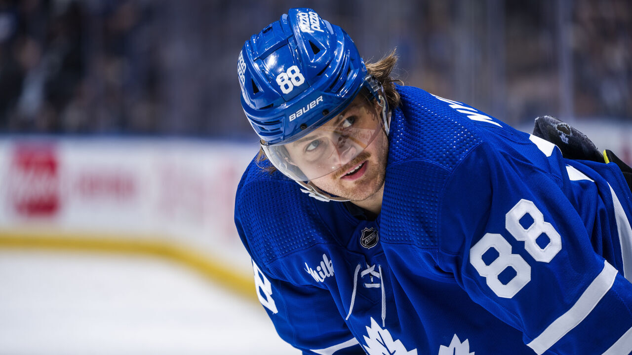 TORONTO, ON - APRIL 3: William Nylander #88 of the Toronto Maple Leafs looks on against the Tampa Bay Lightning during the first period at Scotiabank Arena on April 3, 2024 in Toronto, Ontario, Canada.