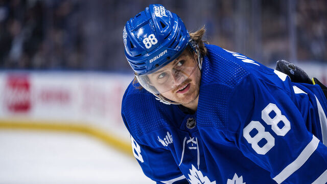 TORONTO, ON - APRIL 3: William Nylander #88 of the Toronto Maple Leafs looks on against the Tampa Bay Lightning during the first period at Scotiabank Arena on April 3, 2024 in Toronto, Ontario, Canada.