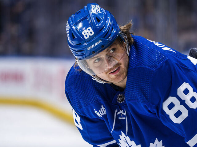 TORONTO, ON - APRIL 3: William Nylander #88 of the Toronto Maple Leafs looks on against the Tampa Bay Lightning during the first period at Scotiabank Arena on April 3, 2024 in Toronto, Ontario, Canada.