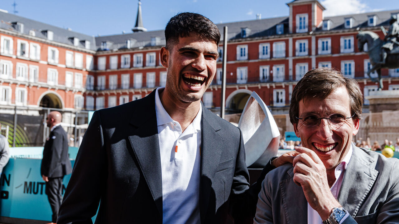 SAN SEBASTIAN, GUIPUZCOA BASQUE, SPAIN - APRIL 22: Tennis player Carlos Alcaraz (left) and the mayor of Madrid, Jose Luis Martinez-Almeida (right), during the official presentation of the Mutua Madrid Open tennis tournament, in Plaza Mayor, on 22 April, 2024 in Madrid, Spain. The Mutua Madrid Open tennis tournament officially started today and will be held until May 5 at the Caja Magica facilities.