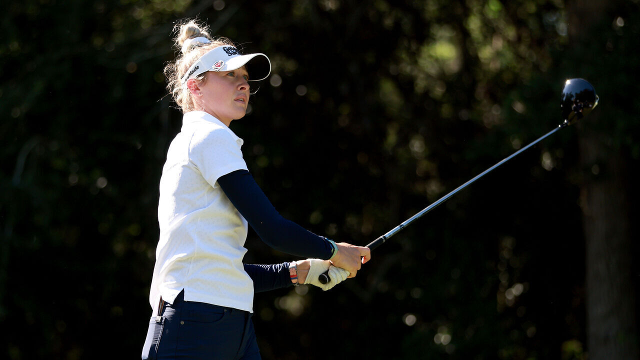 THE WOODLANDS, TEXAS - APRIL 21: Nelly Korda of the United States plays her shot from the 16th tee during the final round of The Chevron Championship at The Club at Carlton Woods on April 21, 2024 in The Woodlands, Texas.