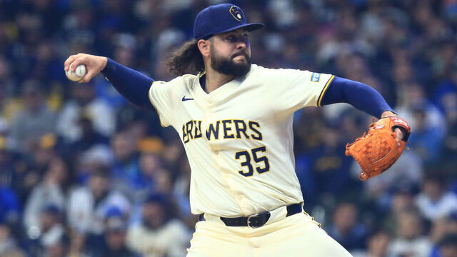 MILWAUKEE, WI - APRIL 02: Milwaukee Brewers relief pitcher Jakob Junis (35) pitches during a game between the Milwaukee Brewers and the Minnesota Twins on April 2, 2024 at American Family Field in Milwaukee, WI.