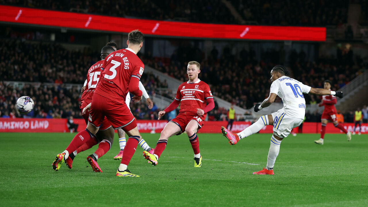 MIDDLESBROUGH, ENGLAND - APRIL 22: Crysencio Summerville of Leeds United scores his team's fourth goal during the Sky Bet Championship match between Middlesbrough and Leeds United at Riverside Stadium on April 22, 2024 in Middlesbrough, England.