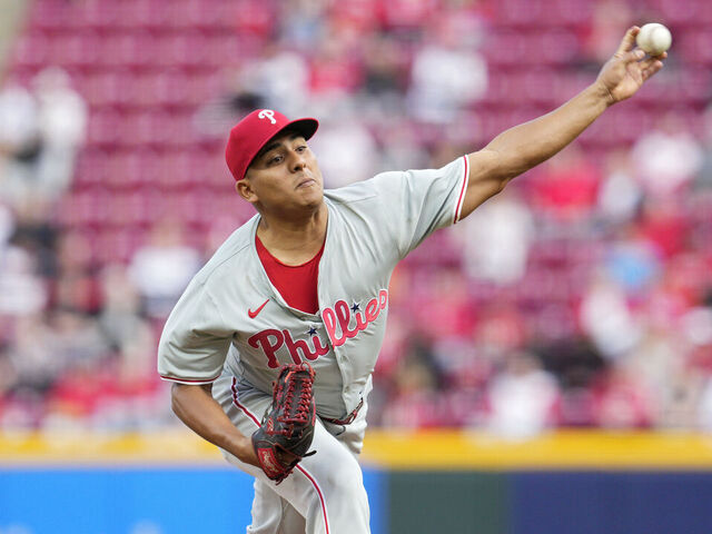 CINCINNATI, OHIO - APRIL 22: Ranger Suárez #55 of the Philadelphia Phillies throws against the Cincinnati Reds during the second inning of a baseball game at Great American Ball Park on April 22, 2024 in Cincinnati, Ohio.