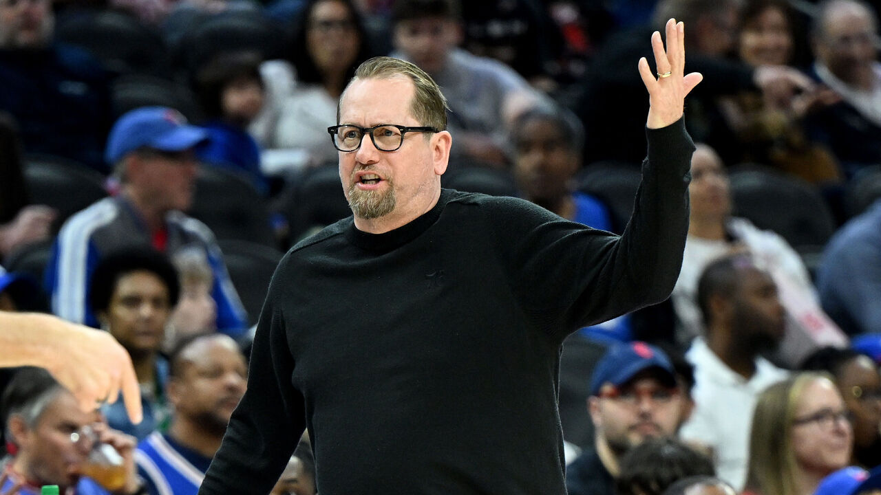 PHILADELPHIA, PENNSYLVANIA - APRIL 14: Head coach Nick Nurse of the Philadelphia 76ers reacts to a call in the first quarter against the Brooklyn Nets at the Wells Fargo Center on April 14, 2024 in Philadelphia, Pennsylvania.