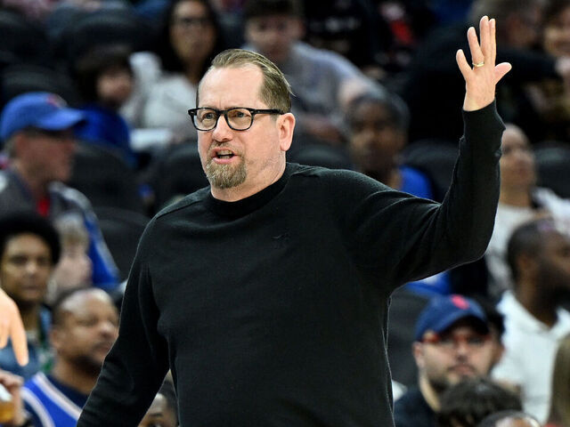 PHILADELPHIA, PENNSYLVANIA - APRIL 14: Head coach Nick Nurse of the Philadelphia 76ers reacts to a call in the first quarter against the Brooklyn Nets at the Wells Fargo Center on April 14, 2024 in Philadelphia, Pennsylvania.