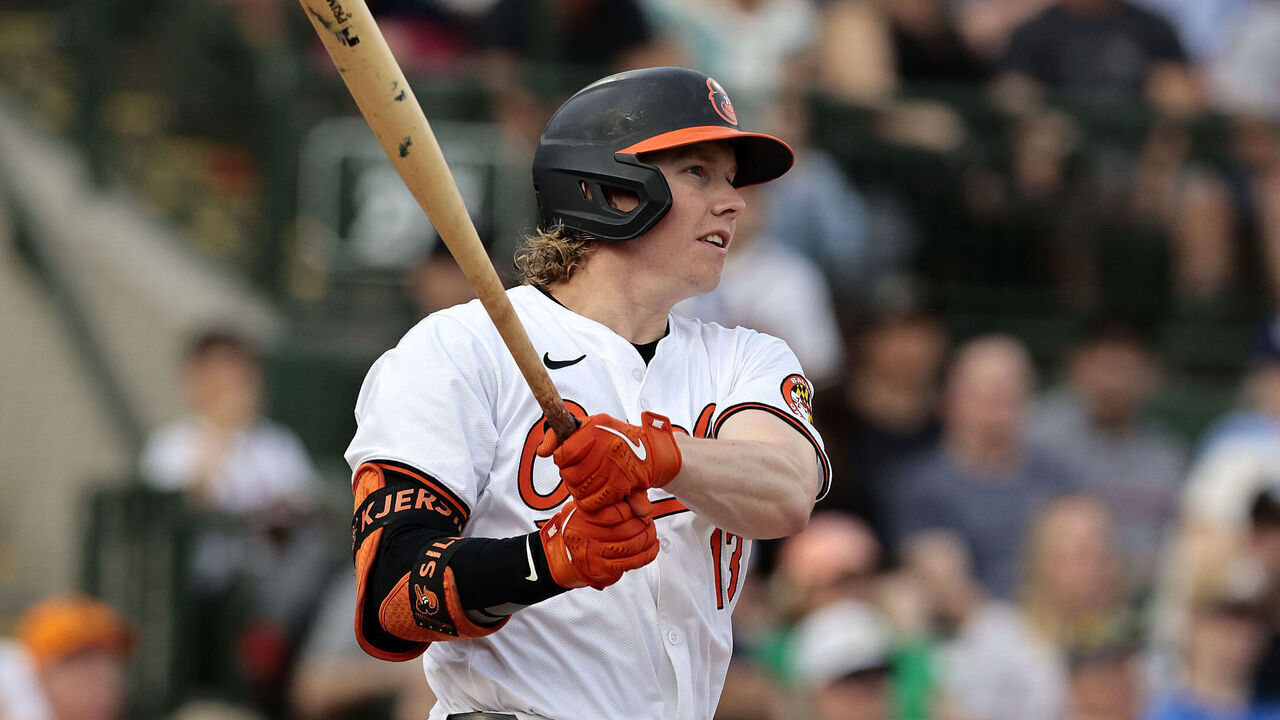 SARASOTA, FLORIDA - MARCH 13: Heston Kjerstad #13 of the Baltimore Orioles watches his RBI single during the bottom of the first inning of a spring training game against the Atlanta Braves at Ed Smith Stadium on March 13, 2024 in Sarasota, Florida. The Braves defeated the Orioles 7-5.