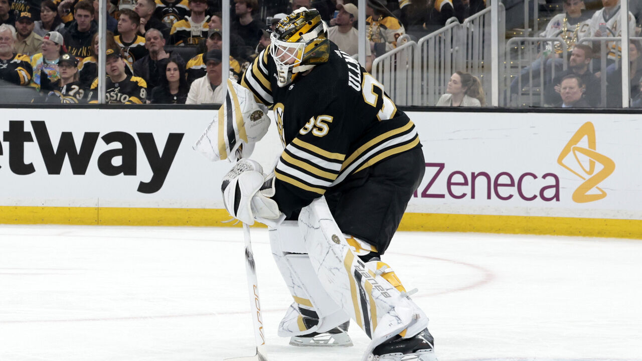 BOSTON, MA - APRIL 22: Boston Bruins goalie Linus Ullmark (35) plays the puck up ice during Game 2 of the Eastern Conference First Round playoffs between the Boston Bruins and the Toronto Maple Leafs on April 22, 2024, at TD Garden in Boston, Massachusetts.