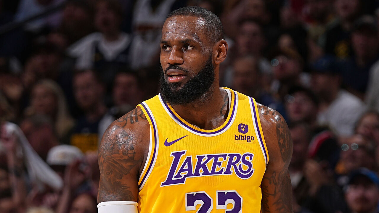 DENVER, CO - APRIL 22: LeBron James #23 of the Los Angeles Lakers looks on during the game against the Denver Nuggets on April 22, 2024 at the Ball Arena in Denver, Colorado. NOTE TO USER: User expressly acknowledges and agrees that, by downloading and/or using this Photograph, user is consenting to the terms and conditions of the Getty Images License Agreement. Mandatory Copyright Notice: Copyright 2024 NBAE