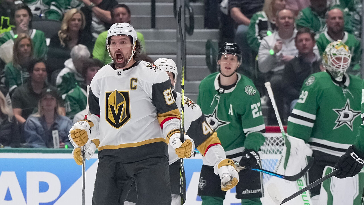 DALLAS, TEXAS - APRIL 22: Mark Stone #61 of the Vegas Golden Knights celebrates scoring a goal in the first period against the Dallas Stars in Game One of the First Round of the 2024 Stanley Cup Playoffs at the American Airlines Center on April 22, 2024 in Dallas, Texas.