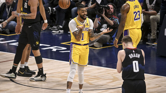 DENVER, CO - APRIL 22: D'Angelo Russell (1) of the Los Angeles Lakers reacts to a foul called that sent Aaron Gordon (50) of the Denver Nuggets to the line during the second quarter at Ball Arena in Denver on Monday, April 22, 2024.