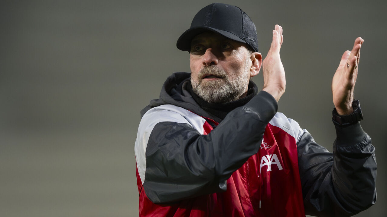 GEWISS STADIUM, BERGAMO, ITALY - 2024/04/18: Jurgen Klopp, head coach of Liverpool FC, gestures at the end of the UEFA Europa League quarter-final second leg football match between Atalanta BC and Liverpool FC. Liverpool FC won the match 1-0 but Atalanta BC won 3-1 on aggregate and moved on to the next round.