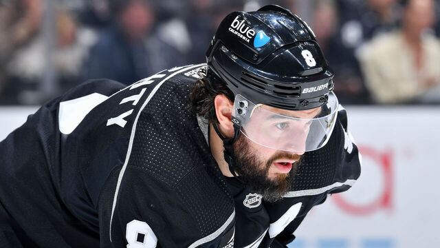 LOS ANGELES, CA - APRIL 15: Drew Doughty #8 of the Los Angeles Kings gets ready for the play during the second period against the Minnesota Wild at Crypto.com Arena on April 15, 2024 in Los Angeles, California.