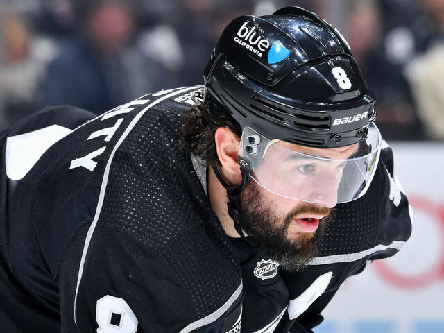 LOS ANGELES, CA - APRIL 15: Drew Doughty #8 of the Los Angeles Kings gets ready for the play during the second period against the Minnesota Wild at Crypto.com Arena on April 15, 2024 in Los Angeles, California.