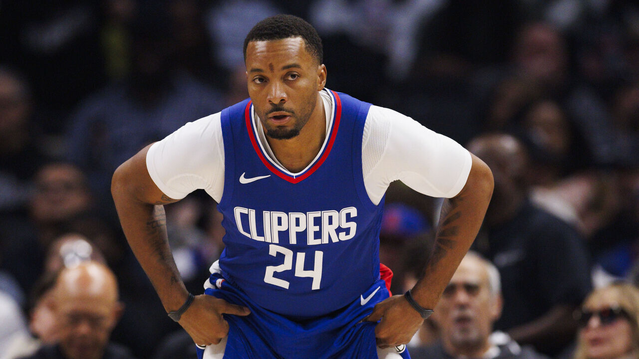 LOS ANGELES, CA - APRIL 05: LA Clippers guard Norman Powell (24) defends during an NBA basketball game against the Utah Jazz on April 5, 2024 at Crypto.com Arena in Los Angeles, CA.